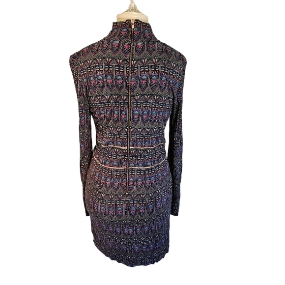 French Connection Purple Geometric  Gold Waist Dress size 12 Mockneck - Picture 2 of 4